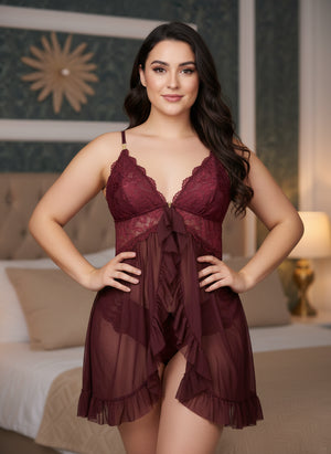 Nuisette femme col en V avec culotte assortie, dentelle délicate et coupe fluide