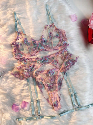 Ensemble Lingerie Dentelle Fleurie – Rose lavande  & Bleu Turquoise