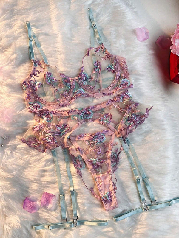Ensemble Lingerie Dentelle Fleurie – Rose lavande  & Bleu Turquoise