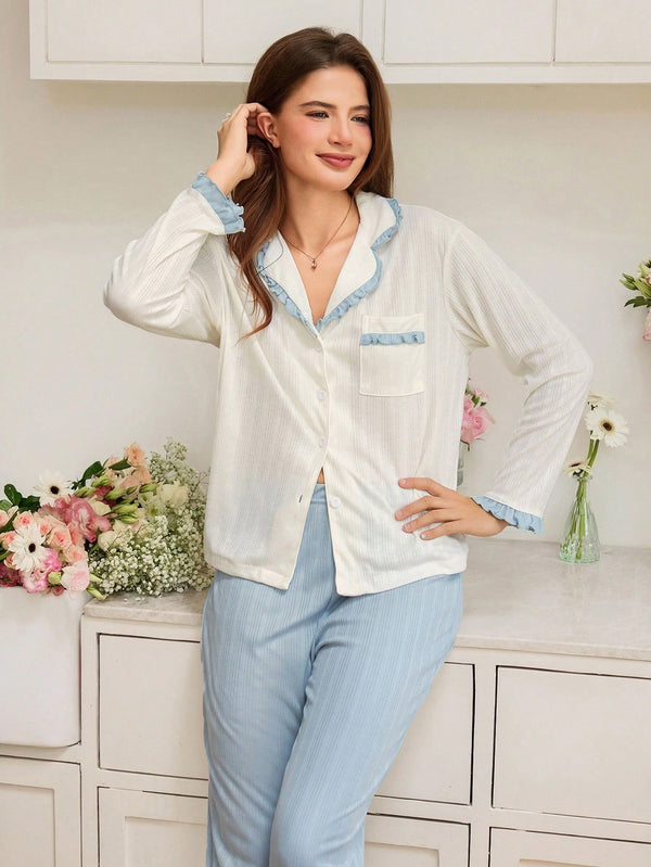 Pyjama Deux Pièces à Volants – Crème & Bleu Pastel