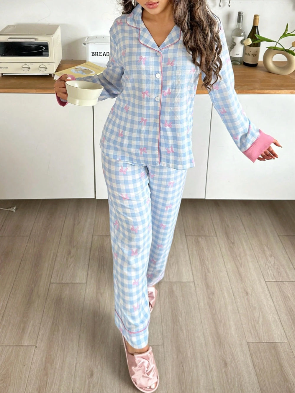 Pyjama Carreaux Vichy Bleu & Rose – Motif Nœuds