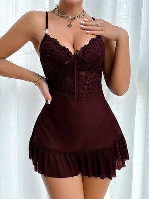 Ensemble Nuisette Dentelle Bordeaux avec Kimono – Élégance Romantique
