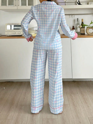 Pyjama Carreaux Vichy Bleu & Rose – Motif Nœuds