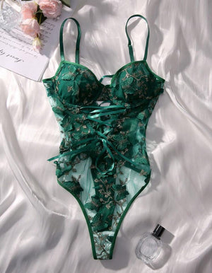 Body Dentelle Vert Émeraude – Broderies Papillons & Corset