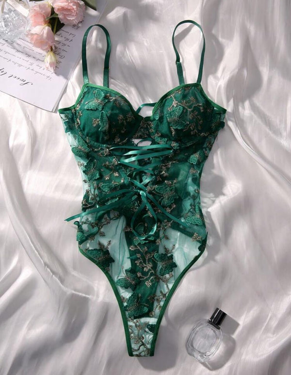 Body Dentelle Vert Émeraude – Broderies Papillons & Corset